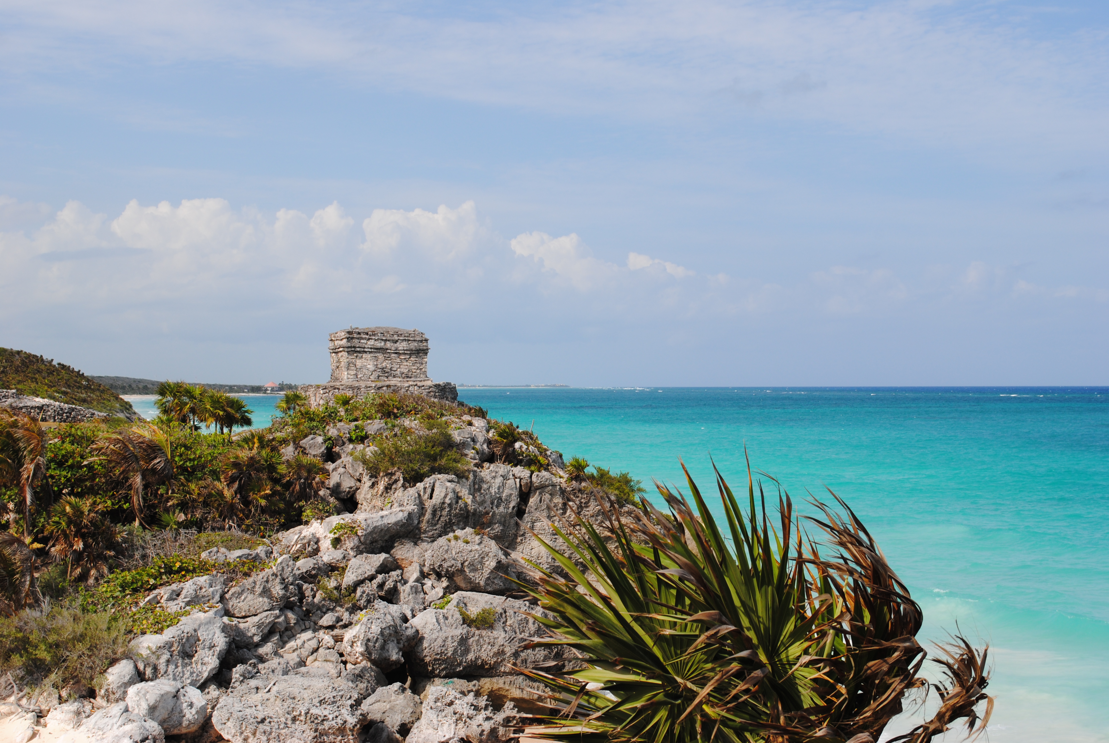Tulum, historic site.  Bring a bathing suit, you can swim in the ocean you see below.