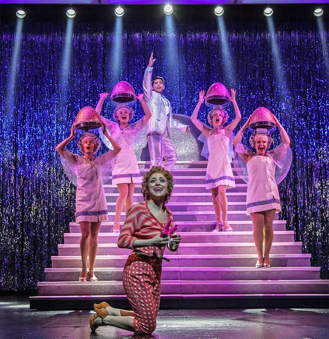 Grease at Paper Mill Playhouse; Photo by Jerry Dalia; From left to right: Taylor Louderman (Sandy Dumbrowski), Tess Soltau (Marty),  Dana Steingold (Frenchy), Telly Leung (Teen Angel), Morgan Weed (Betty  Rizzo) and Leela Rothenberg (Jan).