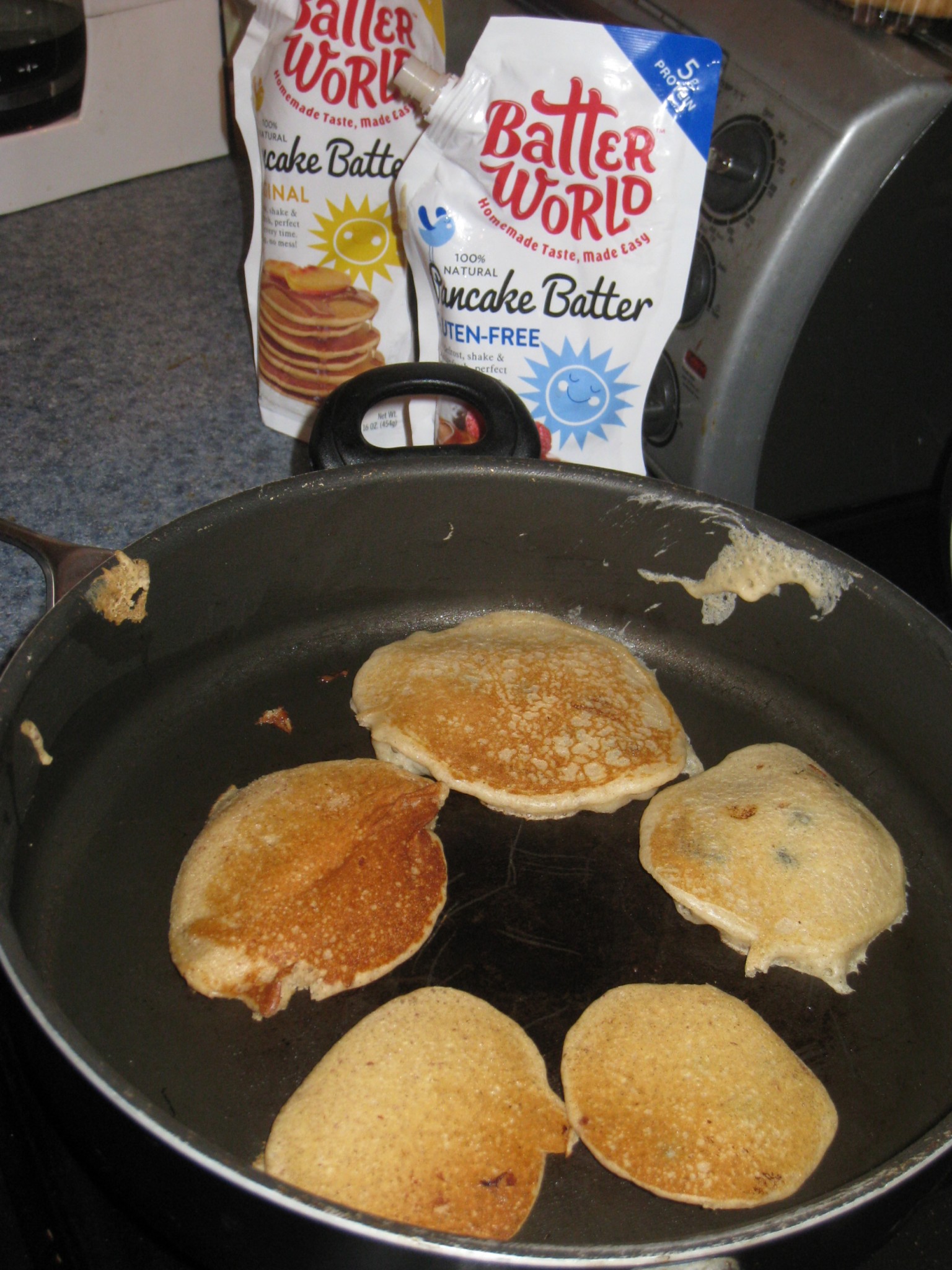 My son really helped make these pancakes, so, yeah- a little messy. I told you- real life photos, LOL. 