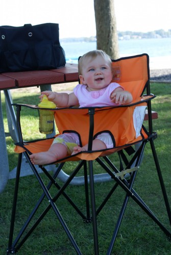 baby in orange chair