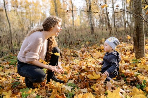 mother and baby fall leaves